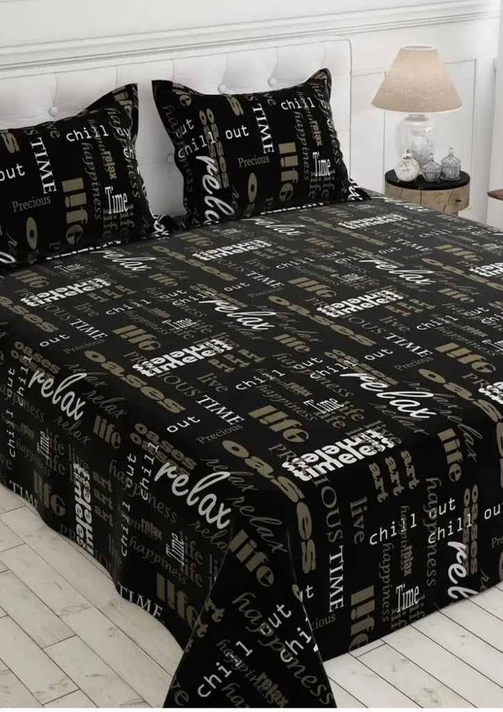 Black Sateen Bed Sheet Set with Written Design #5