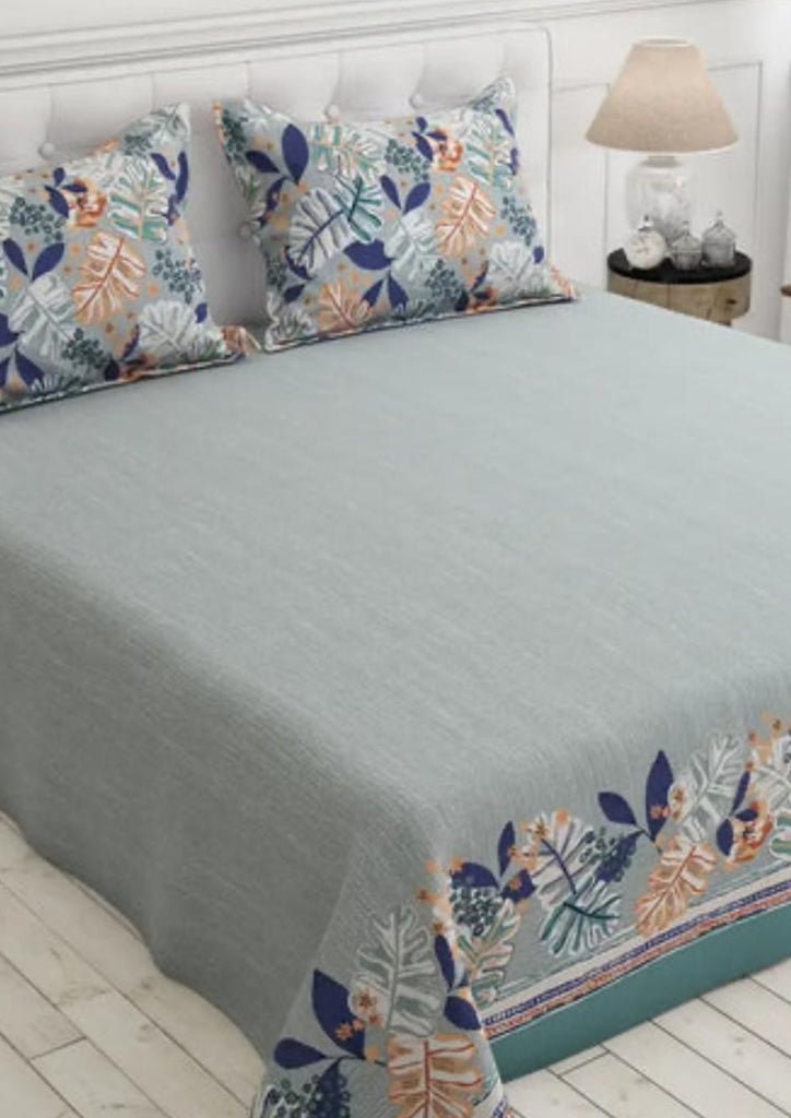 Bluish Grey Leaf Design Bed Sheet Set with Striped Border by Sateen #7